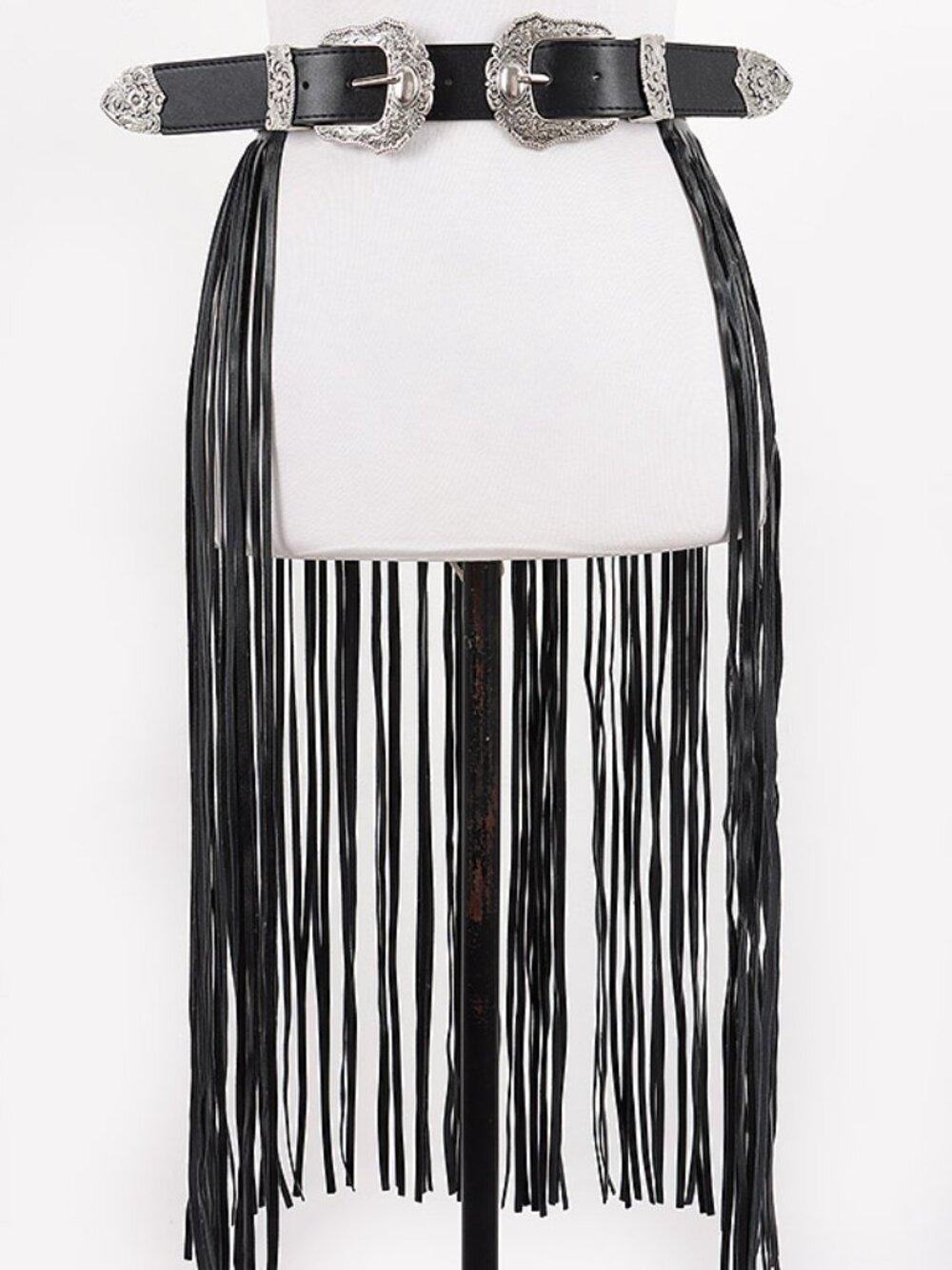 BNWT Boho Double Buckle Western Slash Faux Leather Long Fringe Belt